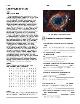 Preview of Life Cycle of Stars- Article, Questions, Wordsearch, and Hidden Message!