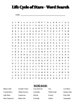 Preview of Life Cycle of Stars - Wordsearch