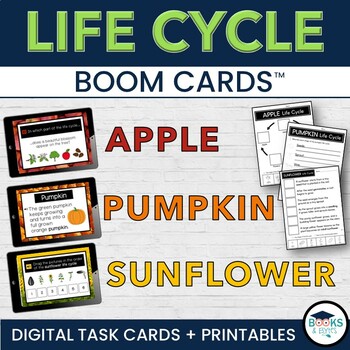 Preview of Life Cycles of Apple, Pumpkin, Sunflower BOOM CARDS + Printable Activities