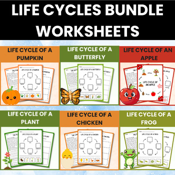 Preview of Life Cycles Worksheets for Plant Pumpkin Butterfly Frog Chicken Apple