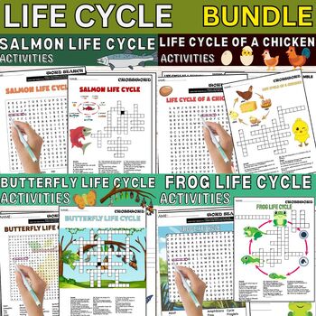 Preview of Life Cycles Frog,Chicken,Butterfly,Salmon Vocabulary,Puzzles,Science Unit BUNDLE
