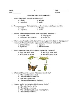 Preview of "Life Cycles and Traits" science quiz or test