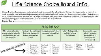 Preview of Life Science Choice Board: using NGSS