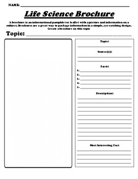 Preview of Life Science  "Informational Brochure" Worksheet & WebQuest