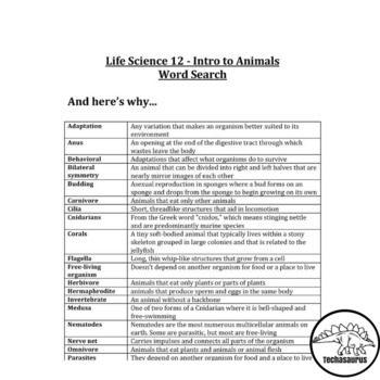 Life Science - Intro to Animals Vocabulary Word Search by Techasaurus