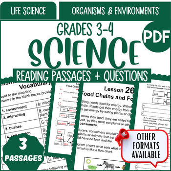 Preview of Life Science Reading Comprehension Organisms and Environments 3rd and 4th Grade