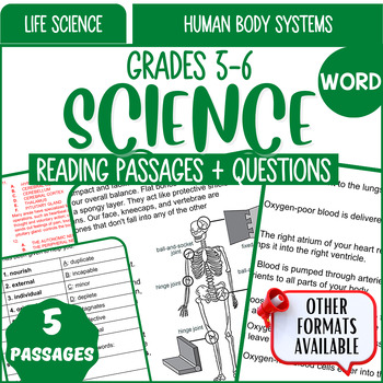 Preview of Life Science Reading Comprehension Passages Human Body Systems Word Document