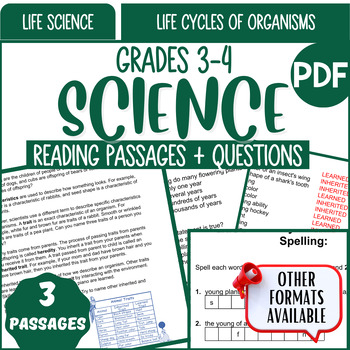 Preview of Life Science Reading Comprehension Passages Life Cycles of Organisms Grade 3-4