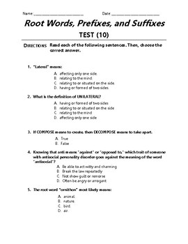 Preview of Root Words, Prefixes, and Suffixes Worksheet | Test | Freebie | Grade 9 - 10