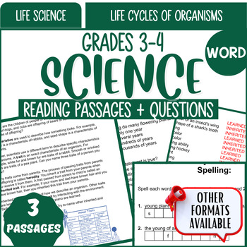 Preview of Life Science Reading Comprehension Word File Life Cycles of Organisms