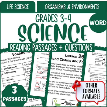 Preview of Life Science Reading Word Document Organisms and Environments 3rd and 4th Grade