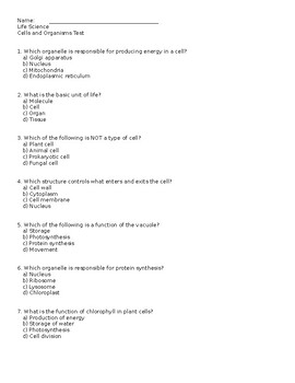 Preview of Life Science Test  - Cells and Organisms : FULLY EDITABLE