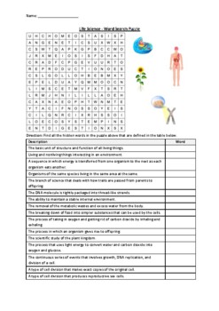 Preview of Life Science - Word Search Puzzle Worksheet Activity (Printable)