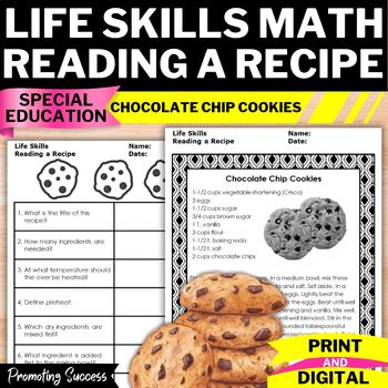 Preview of Life Skills Worksheets Functional Math Special Education Reading a Recipe MS HS