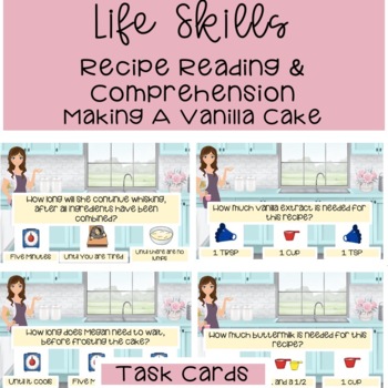 Preview of Life Skills Baking A Vanilla Cake Recipe Reading & Comprehension Task Cards