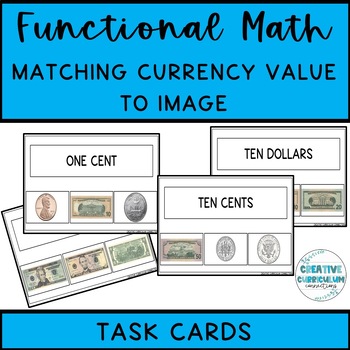 Preview of Life Skills Bill & Coin Value In Word Form To Currency Image Task Cards Match