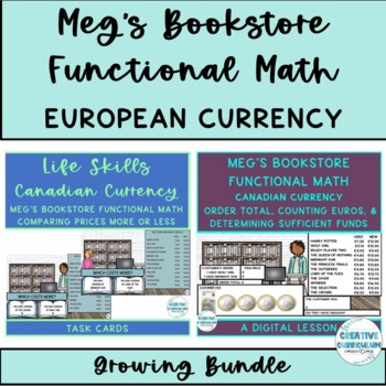 Preview of Life Skills Bookstore Math European Currency ALL LESSON GROWING BUNDLE