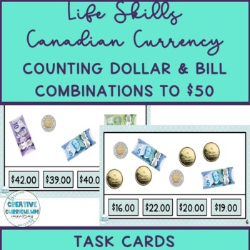 Preview of Life Skills Canadian Counting Bill & Dollar Coin Combos Up To $50 Task Cards
