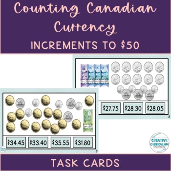 Preview of Life Skills Canadian Currency Counting Bill & Coin Combos Up To $50 Task Cards