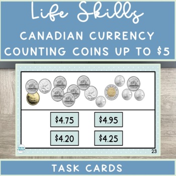 Preview of Life Skills Canadian Currency Counting Coin Combinations Up To $5 Task Cards