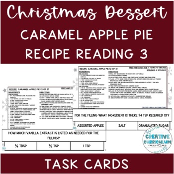 Preview of Life Skills Caramel Apple Pie Dessert Recipe Read & Comprehension Task Cards 3