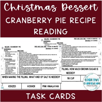 Preview of Life Skills Christmas Cranberry Pie Recipe Read & Comp Task Cards Field Of 3