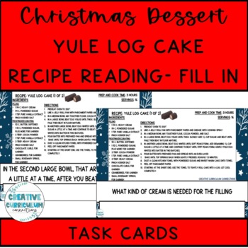 Preview of Life Skills Christmas Yule log Cake Recipe Read & Comp Task Cards LV 2