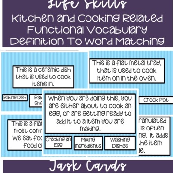 Preview of Life Skills Cooking Functional Vocab Definition To Word Match Task Cards