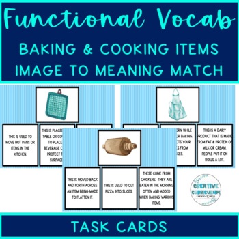 Preview of Life Skills Cooking Functional Vocab Picture To Definition Match Task Cards