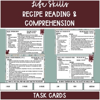Preview of Life Skills Cooking/Recipe Reading and Comprehension Task Cards