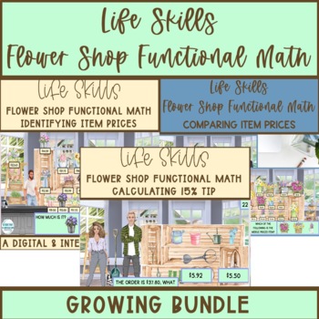 Preview of Life Skills Flower Shop Functional Math Digital Lesson Boom & Task Cards Bundle