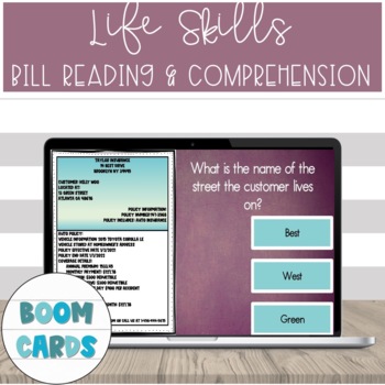Preview of Life Skills Functional Living Bill Reading & Comprehension Boom Cards #2