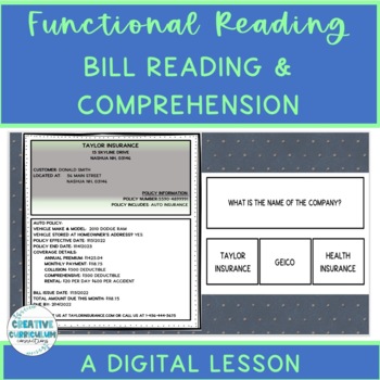 Preview of Life Skills Functional Living Bill Reading & Comprehension Digital Lesson