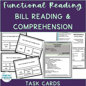 Preview of Life Skills Functional Living Bill Reading & Comprehension Task Cards