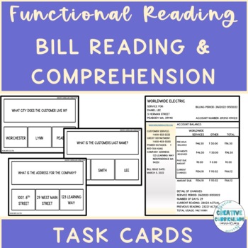 Preview of Life Skills Functional Living Bill Reading & Comprehension Task Cards