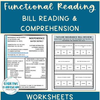 Preview of Life Skills Functional Living Bill Reading & Comprehension Worksheets Unit