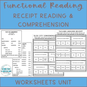 Preview of Life Skills Functional Living Receipt Reading & Comprehension Worksheets