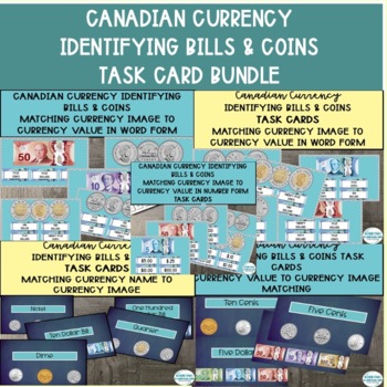 Preview of Life Skills Functional Math Identifying Canadian Bills & Coins Task Cards BUNDLE