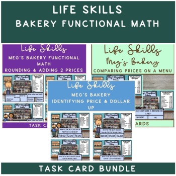 Preview of Life Skills Functional Math Meg's Bakery Task Card Series Bundle