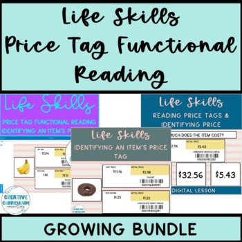 Preview of Life Skills Functional Reading Of Price Tags Growing Digital & Task Card Bundle