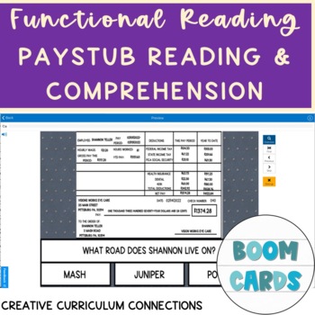 Preview of Life Skills Functional Reading Pay Stub Reading & Comprehension Boom Cards