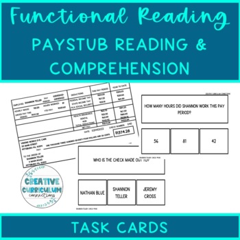 Preview of Life Skills Functional Reading Pay Stub Reading & Comprehension Task Cards