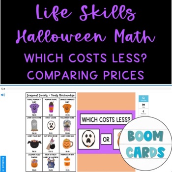 Preview of Life Skills Halloween Math Comparing Cost Which Costs Less LVL 1 Boom Cards