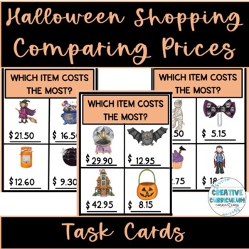 Preview of Life Skills Halloween Shopping Math Comparing Four Prices Task Cards