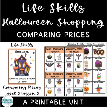 Preview of Life Skills Halloween Shopping Math Comparing Prices Level 2 Printable Unit