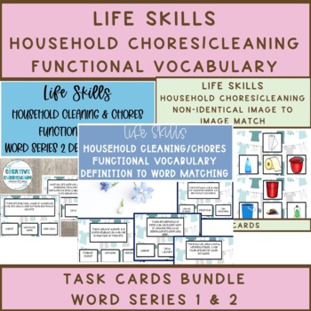 Preview of Life Skills Household Chores & Cleaning Functional Vocabulary Task Cards Bundle