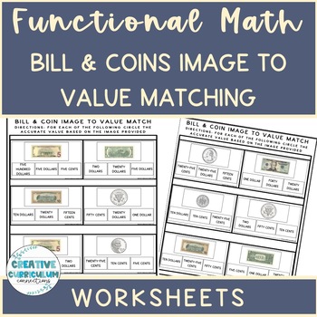 Preview of Life Skills Identifying Bills & Coins Image to Value Word Form Worksheets