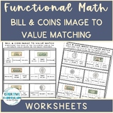 Life Skills Identifying Bills & Coins Image to Value Word 
