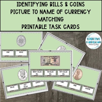 Preview of Life Skills Identifying Bills & Coins Picture To Name Matching Task Cards
