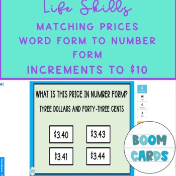 Preview of Life Skills Matching Price Points Word To Number Form Up to $10 Boom Cards